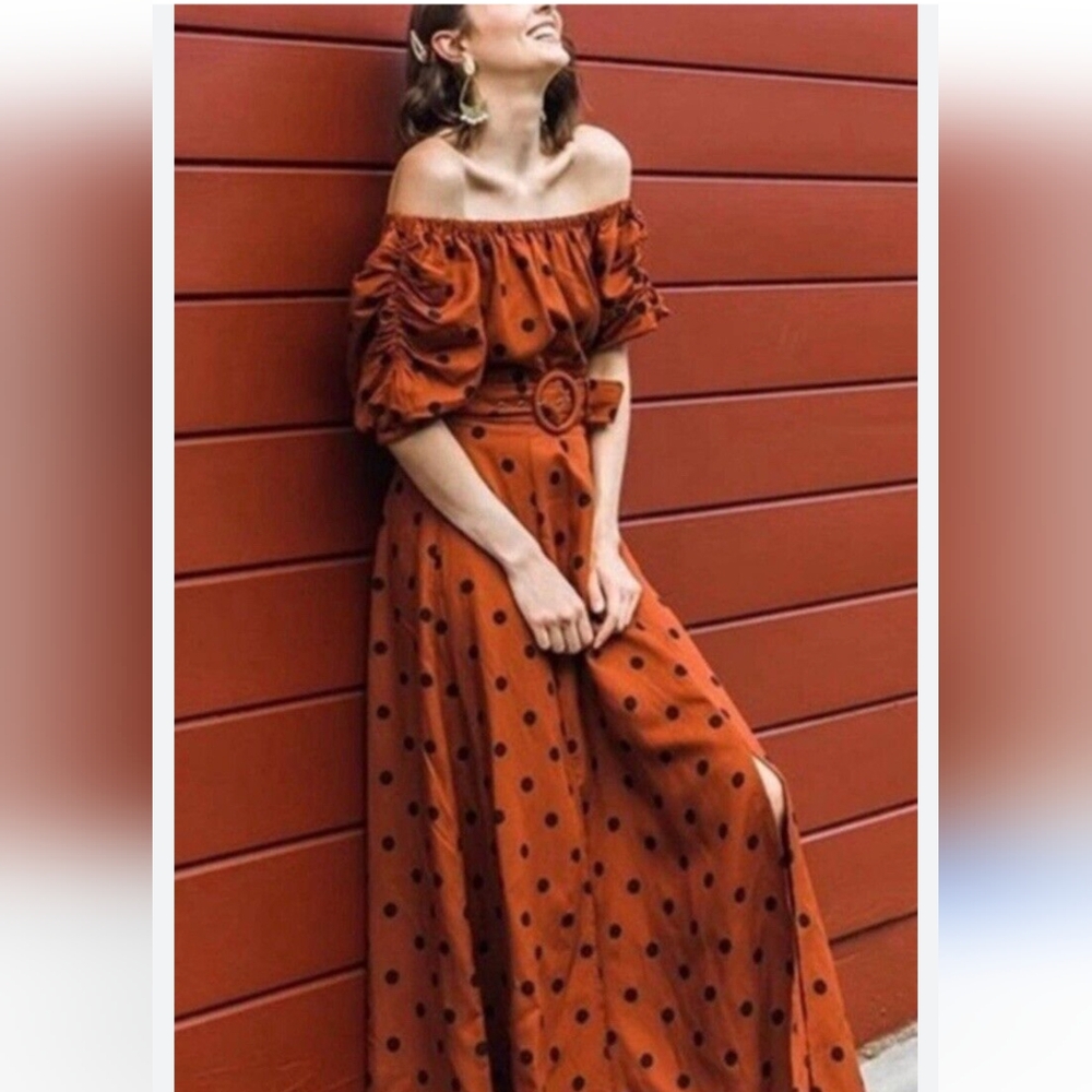 Anthropologie Orange Ruffled Off-Shoulder Maxi Dress